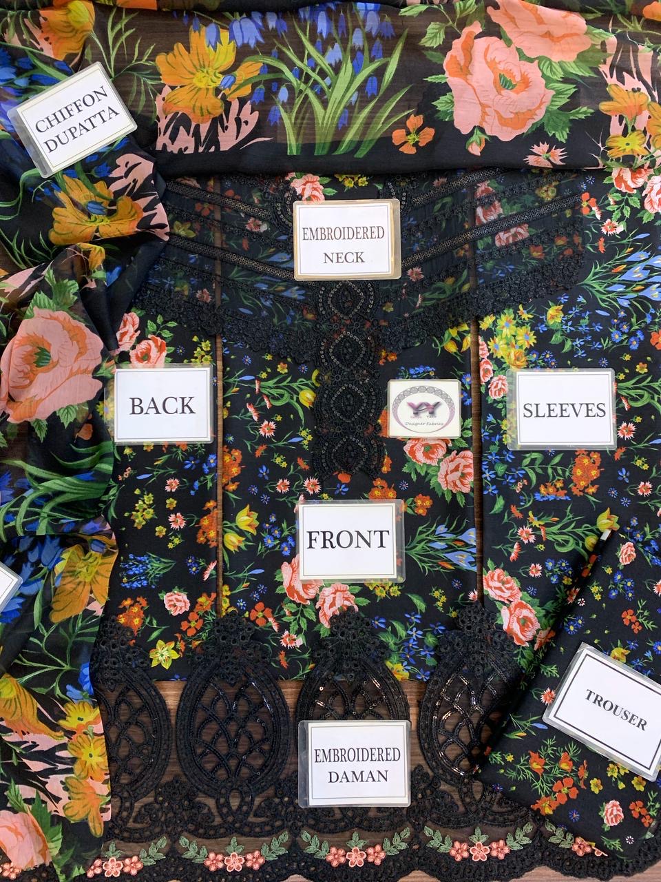 Printed Patch Emb Lawn 3 Piece Unstitched Suit MI -041 Summer Collection