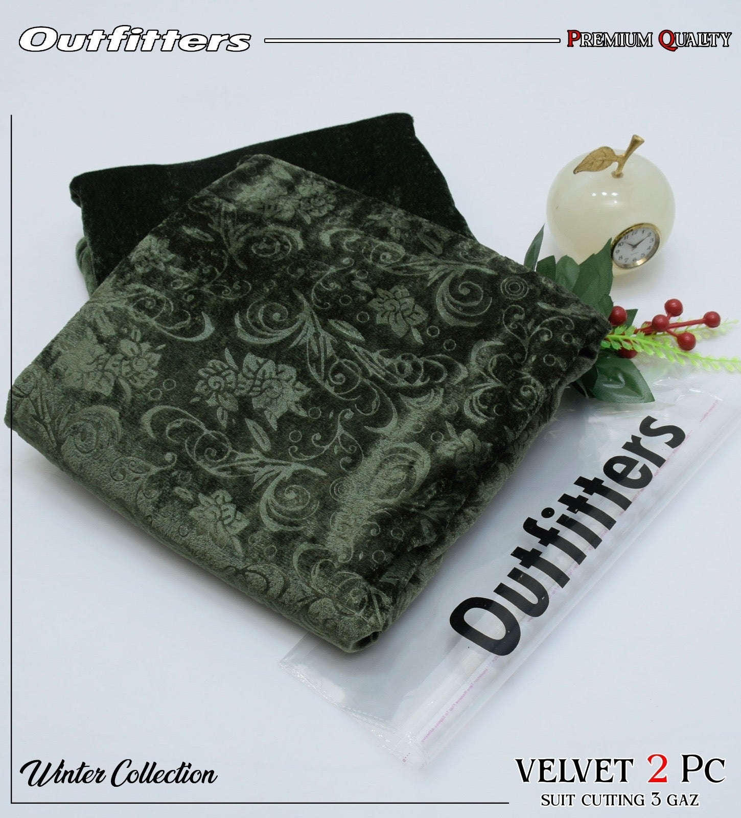 Palachi Velvet Embossed 2pc Suit - Olive