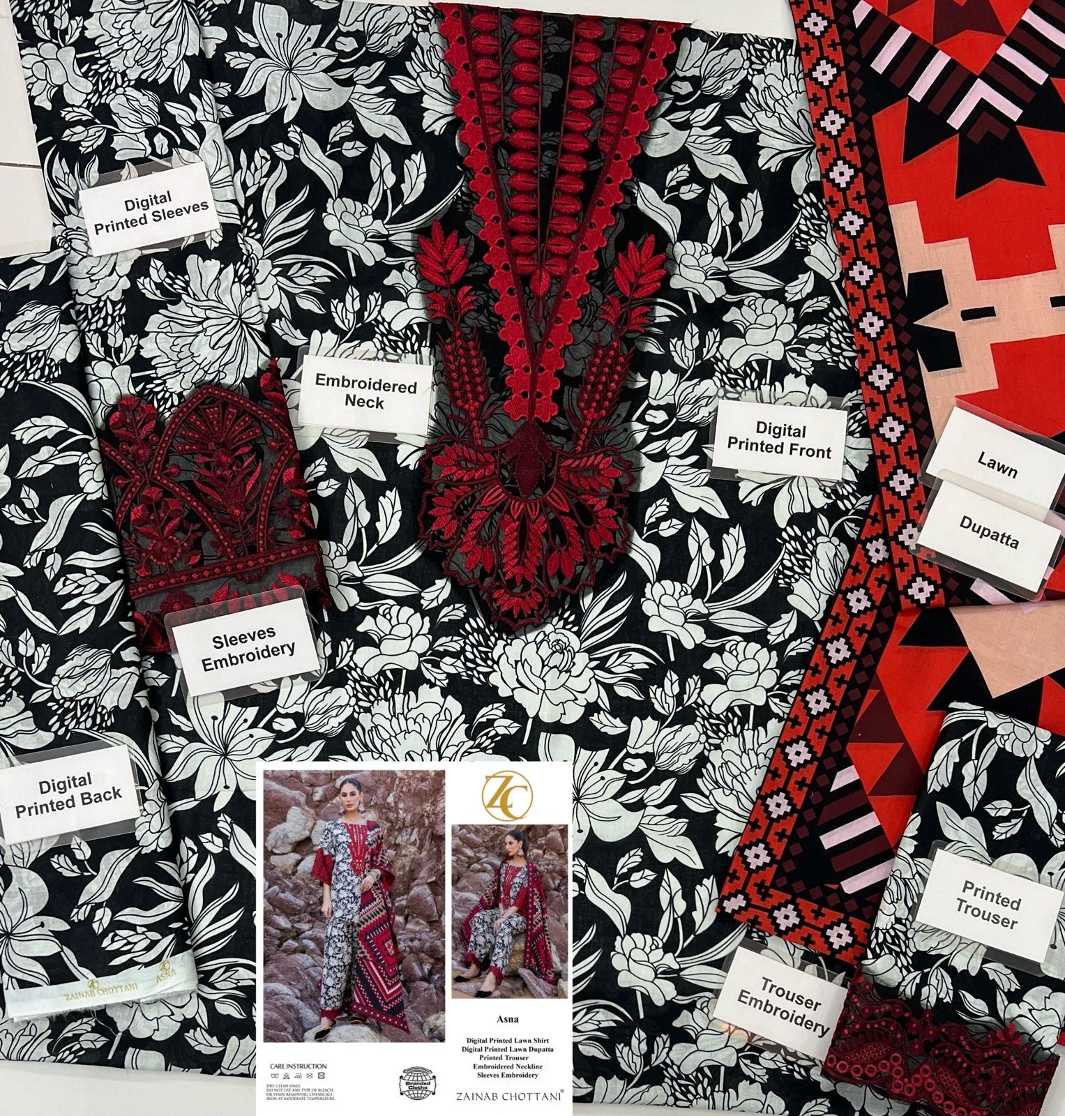 ZC Printed Patch Emb Lawn 3 Piece Unstitched Suit MI -033  Summer Collection