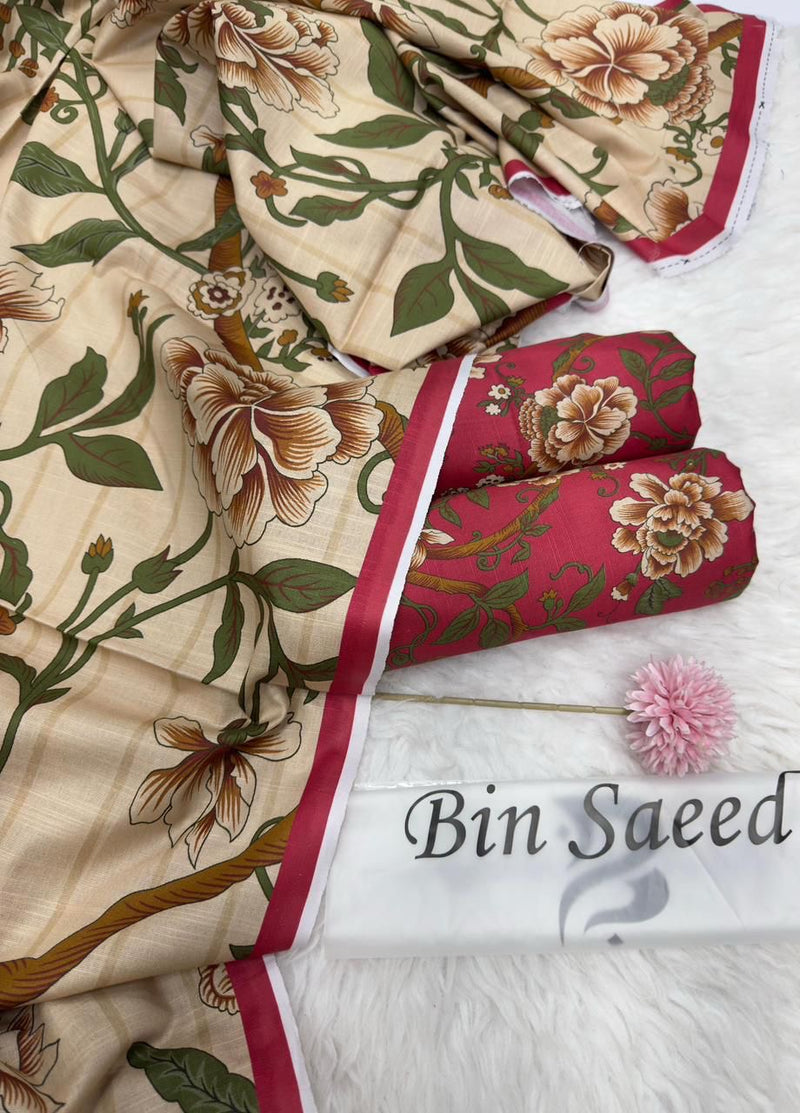 Bin Saeed Printed Khaddar 3 Piece Unstitched Suit BS -007 Summer Collection