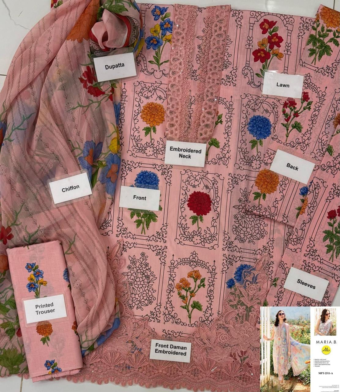 Printed Patch Emb Lawn 3 Piece Unstitched Suit MI -057 Summer Collection