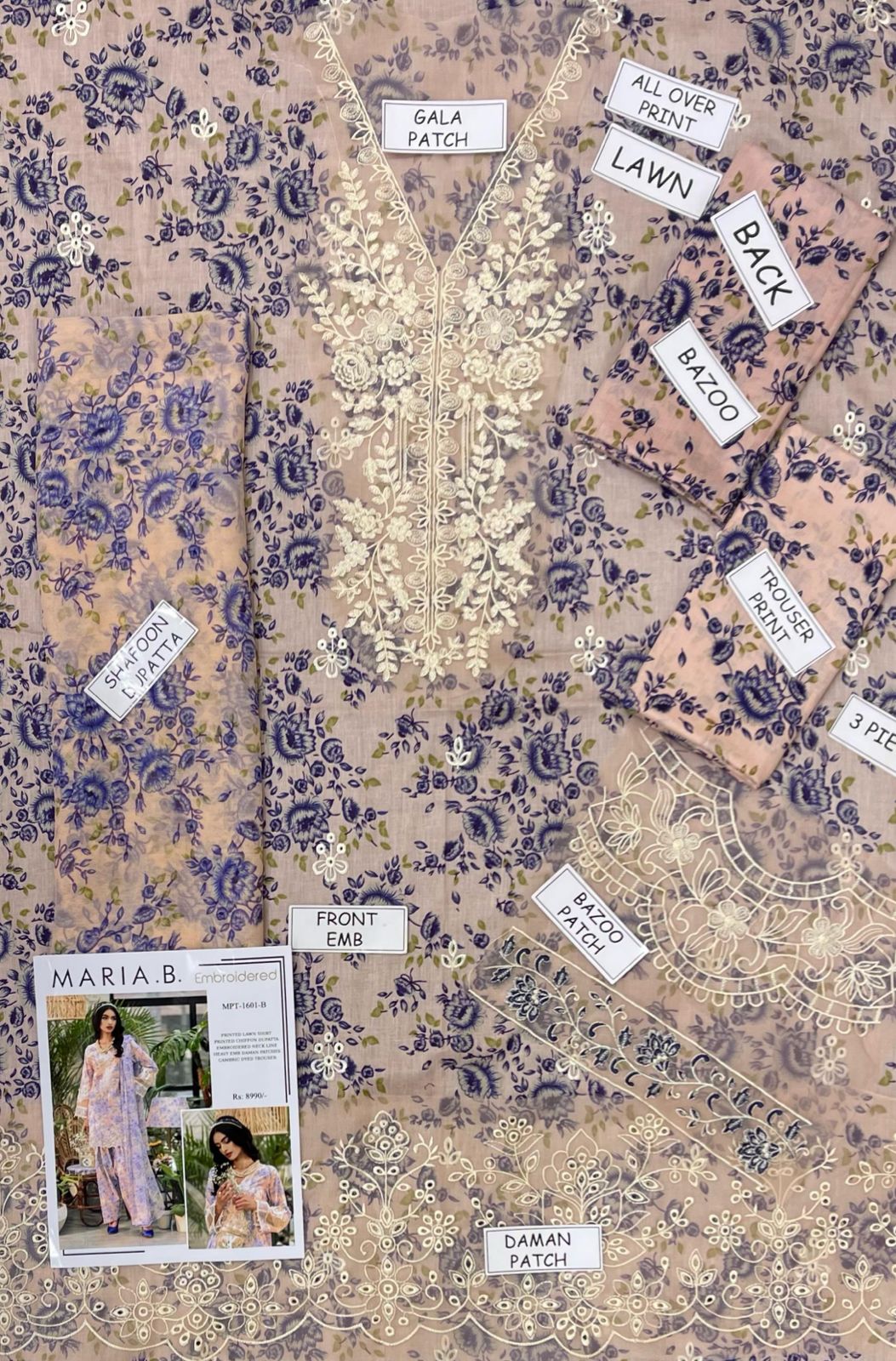 Printed Patch Emb Lawn 3 Piece Unstitched Suit MI -053 Summer Collection