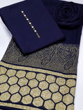 Dhanak 3pc with brosha jaquard velvet border shawl - navy blue