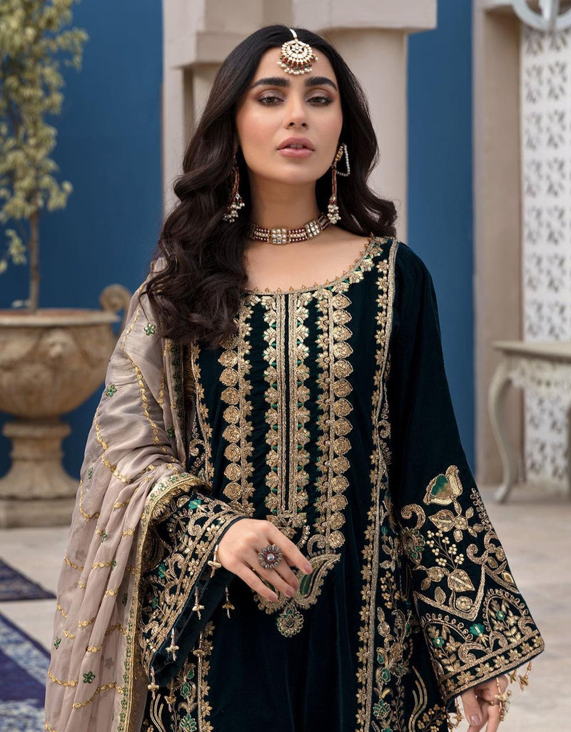 Emaan Adeel - Luxury Velvet Heavy Embroidered 3 Piece Unstitched Suit - EA 012